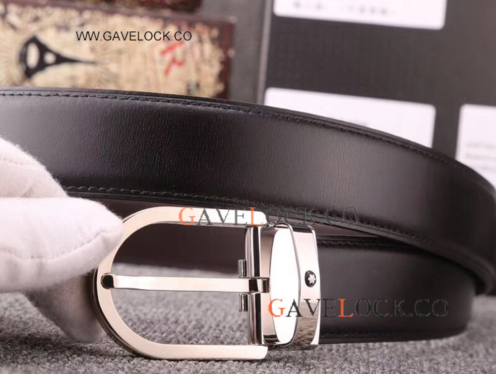 Classic Montblanc Horseshoe Belt Smooth Belt With Silver Buckle